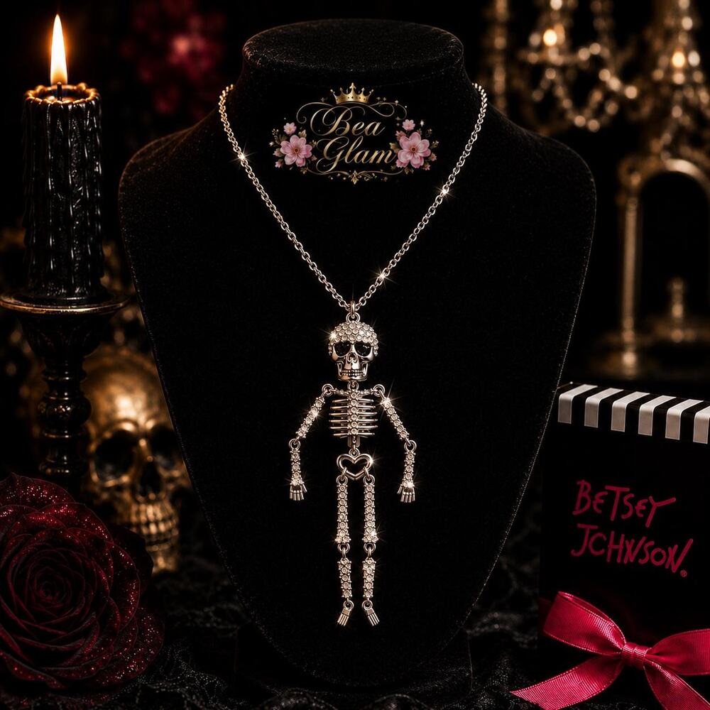 Betsey Johnson Crystal Skeleton Necklace Pendant Silver Rhinestone